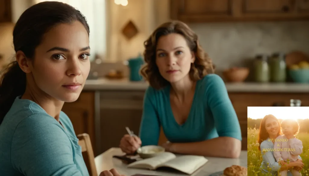Actividades económicas para familias uniparentales: "La imagen debe mostrar una fotografía cálida y acogedora de una madre soltera sentada en una mesa de cocina desordenada pero organizada