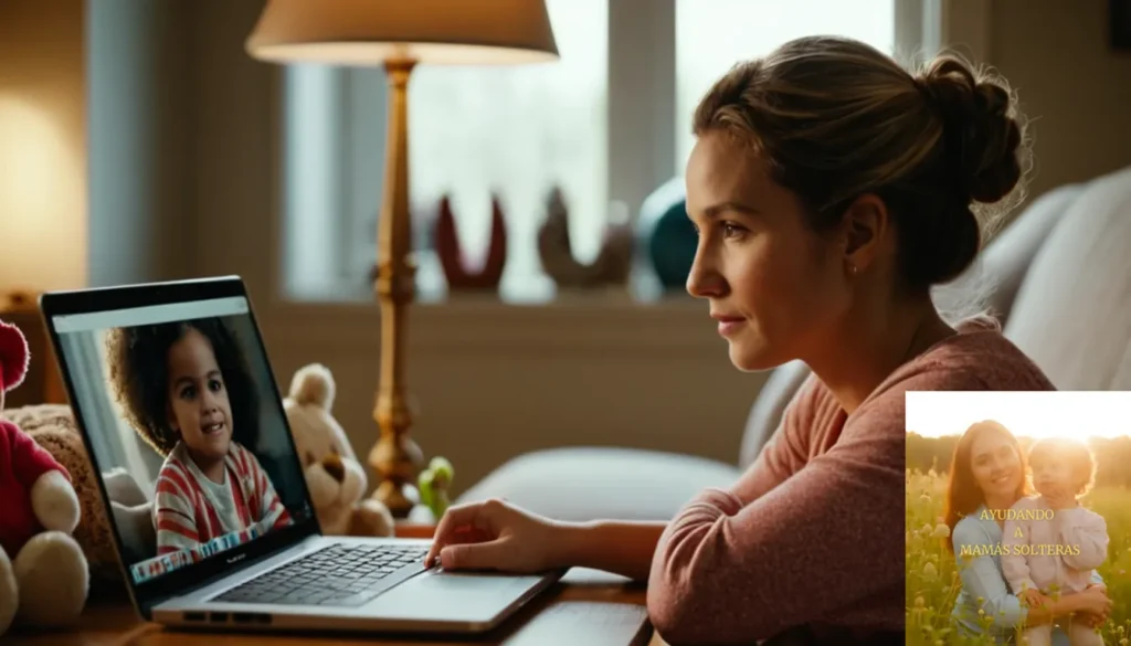 Actividades economicas para madres solteras en niños: "La imagen debe mostrarse: una escena cálida e íntima de una madre soltera (mediados de 30 años) sentada en un sofá desgastado pero limpio en su modesta sala de estar