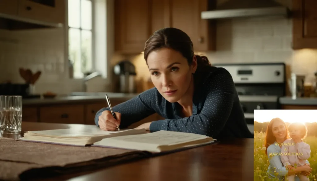Ahorradoras para Madres Solteras: La imagen debe mostrarse: una madre soltera de unos 30 años sentada en una mesa de cocina desordenada
