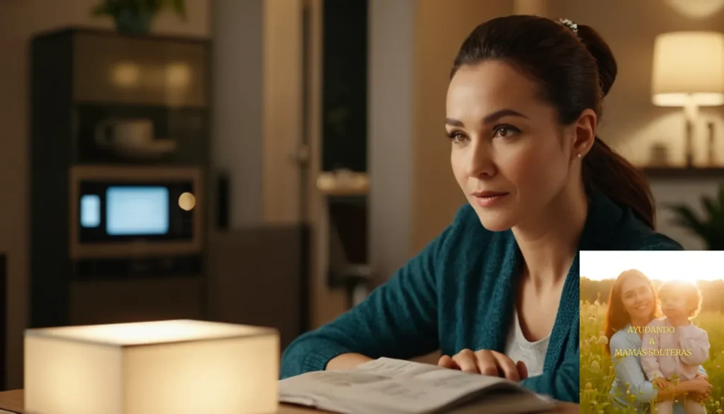 Ahorradores de Luz Hogareña Monoparental: La imagen debe mostrar una pequeña pero abarrotada sala de estar con un solo padre de unos 30 años sentado en un sillón desgastado junto a una mesa de café con poca luz