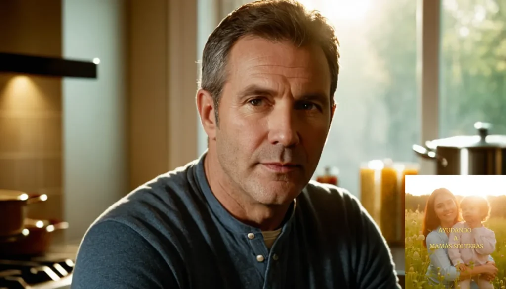 Alimentos baratos para un solo padre: La imagen debe mostrar una expresión desgastada pero amorosa en la cara de un padre soltero de mediana edad