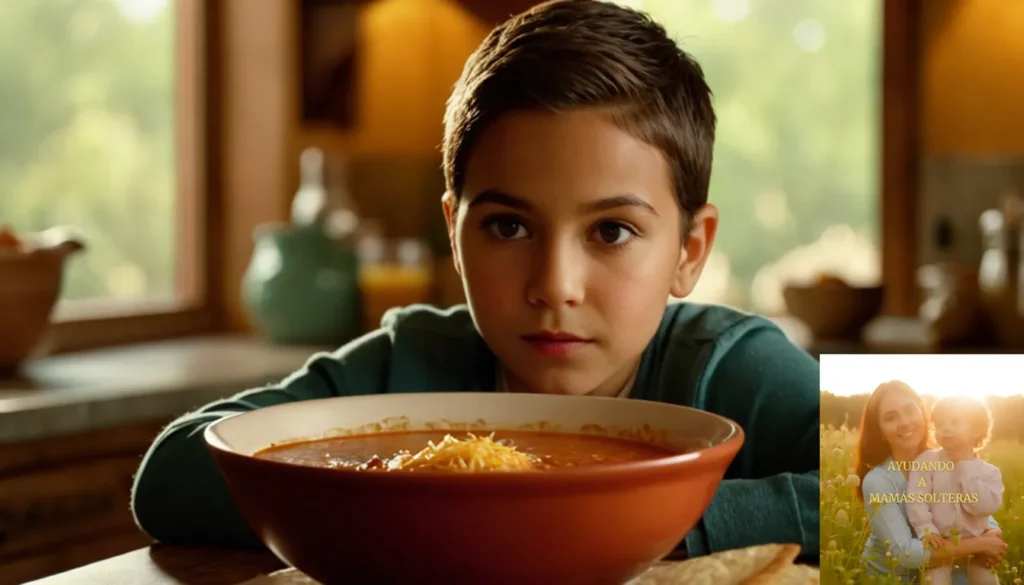 Alimentos para Familias Monoparentales Gratuitos Subvencionados: La imagen debe mostrar una escena serena de desayuno con una madre monocarroleta que sirve suavemente un tazón de sopa de tortilla caliente al vapor a su hijo pequeño