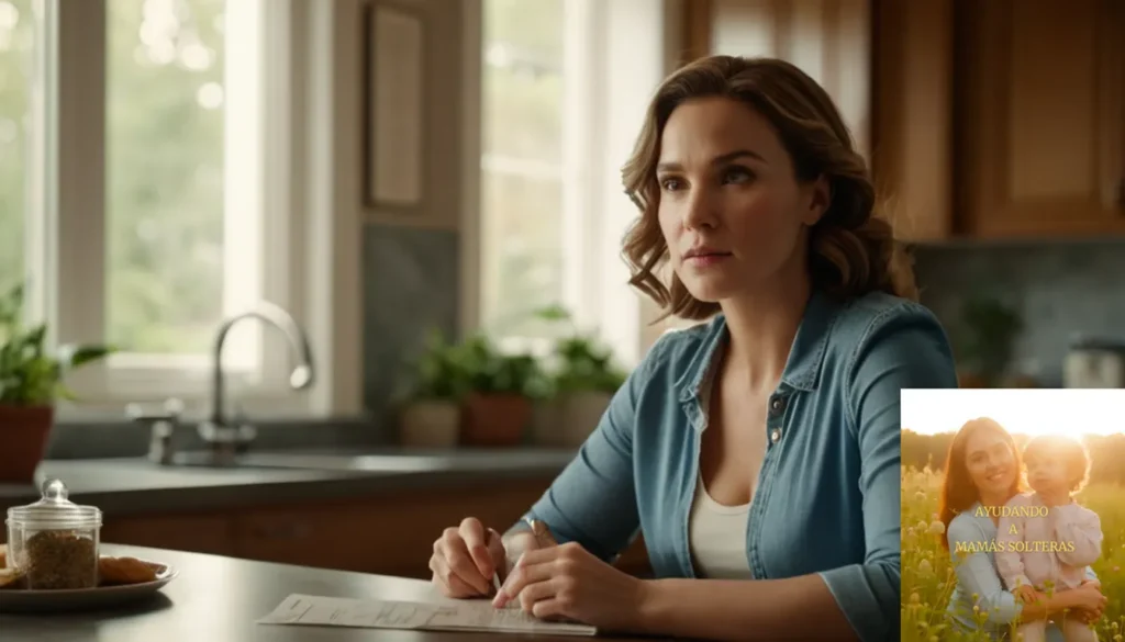 Alivio financiero para madres singles baratas: "La imagen debe mostrar a una joven madre reflexiva sentada en una mesa de cocina desordenada pero acogedora