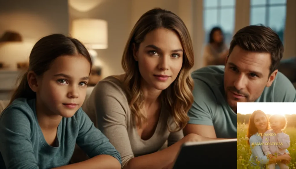 Aplicaciones de presupuesto familiares y gestión de gastos.: La imagen debe mostrar una instantánea cálida y acogedora de una familia diversa de cuatro sentadas juntas en su acogedora sala de estar