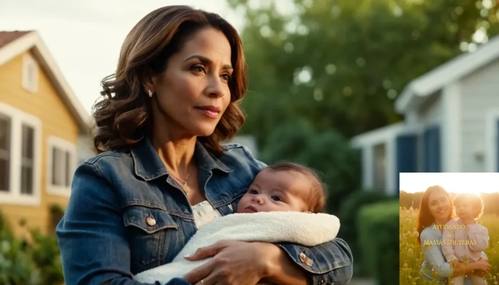 Ayuda económica para madres solteras: La imagen debe mostrar a una mujer latina de mediana edad con una expresión suave de pie frente a una casa modesta