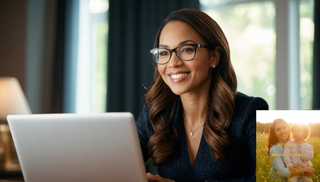 Ayudas financieras para madres emprendedoras: La imagen debe mostrar a una mujer radiante de unos 30 años