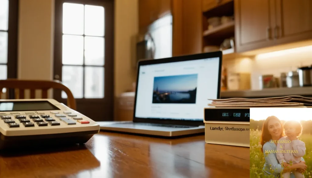 Calculadoras presupuestos monoparental bajos ingresos: La imagen debe mostrarse: una mesa de cocina desordenada en un modesto apartamento de color beige
