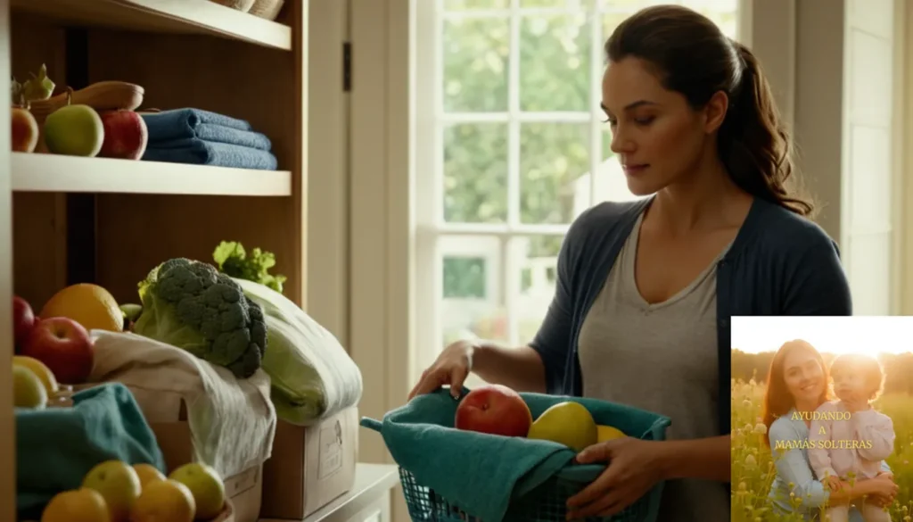 Compras sostenibles para familias en cuidados: La imagen debe mostrar a una joven madre parada frente a un gabinete de artículos para el hogar desbordantes