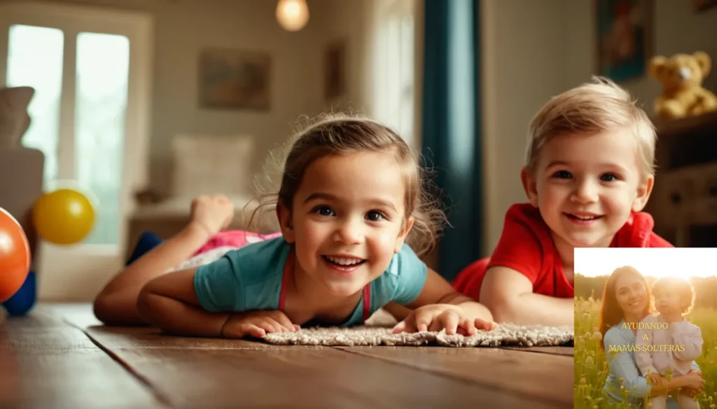 Cuidar hijos sin presionar presupuesto: "La imagen debe mostrar dos niones alegres que juegan juntos en un piso de madera desgastado en una sala de estar brillante y aireada
