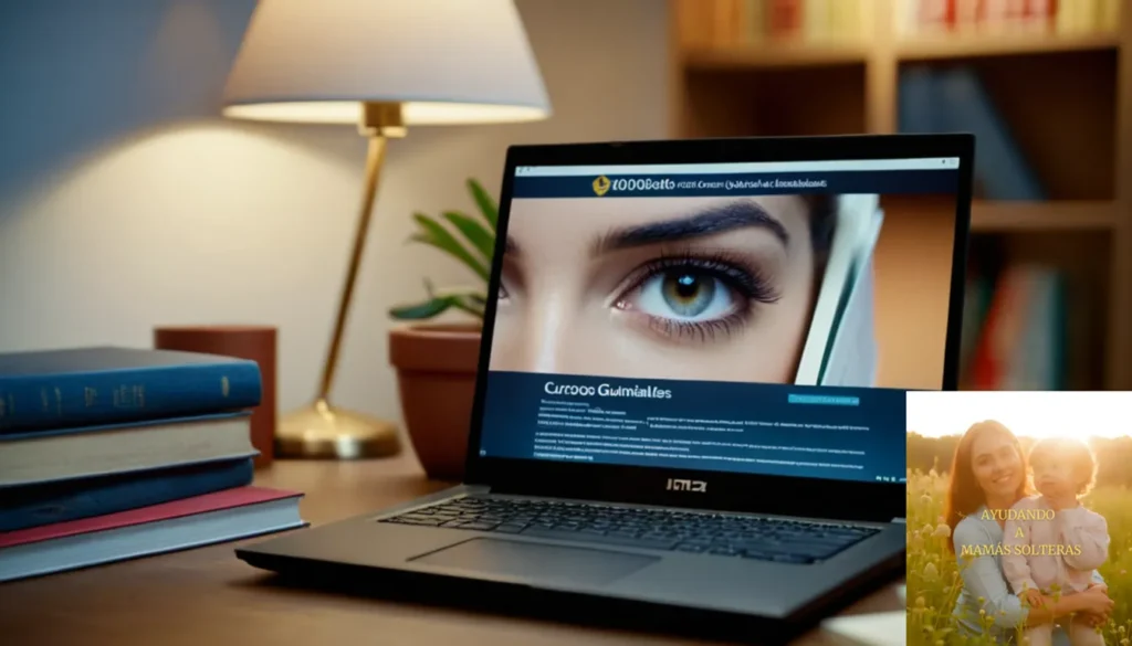 Cursos gubernamentales para aumentar salarios: La imagen debe mostrar una toma clara de una computadora portátil abierta en un escritorio desordenado con libros de texto universitarios en el fondo