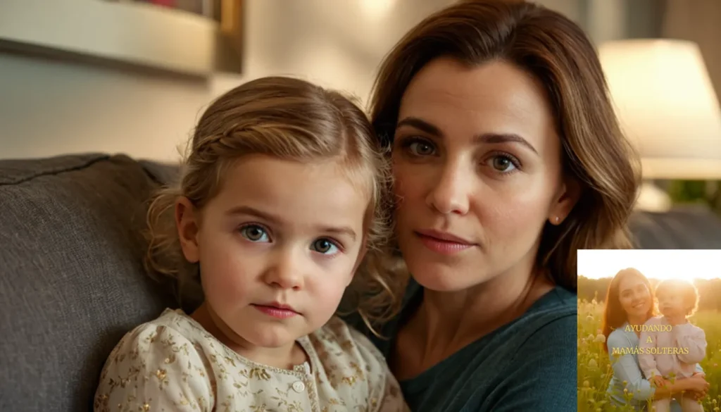 Descuentos para Madres Solteras: La imagen debe mostrar una fotografía cálida e íntima de una madre soltera de mediana edad sentada en un sofá desgastado y gris en una modesta sala de estar