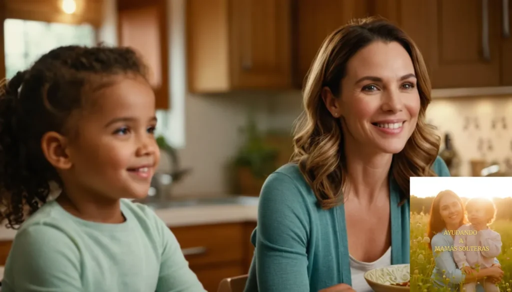 Economía domestica para madres solteras: "La imagen debe mostrar una escena cálida e íntima de una joven madre de unos 30 años