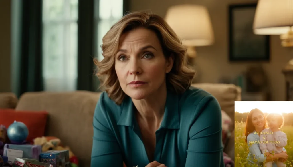 Ejemplo de planificación efectiva para madres solteras: La imagen debe mostrar a una mujer de mediana edad sentada en un sofá desgastado en una modesta sala de estar