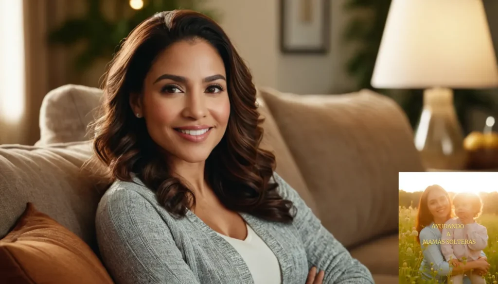 Finanzas Para Madres Solteras: La imagen debe mostrar a una mujer latina adulta en medio con una sonrisa cálida y suave