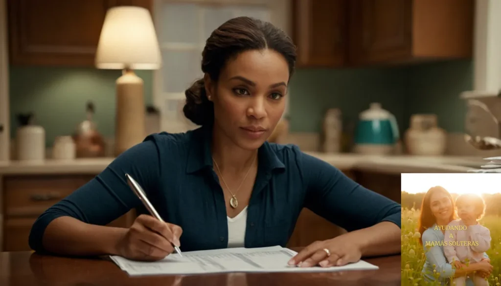 Finanzas para madres solteras con ingresos variables: "La imagen debe mostrar un retrato cálido e íntimo de una madre soltera de finales de los años 30 sentada en una mesa de cocina abarrotada