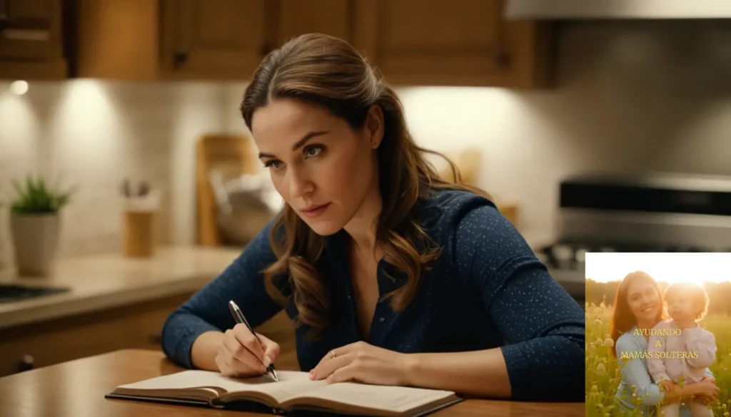 Gestionar Presupuestos Familiares Monoparental: La imagen debe mostrar una escena cálida y esperanzadora de una madre soltera sentada en una mesa de cocina abarrotada