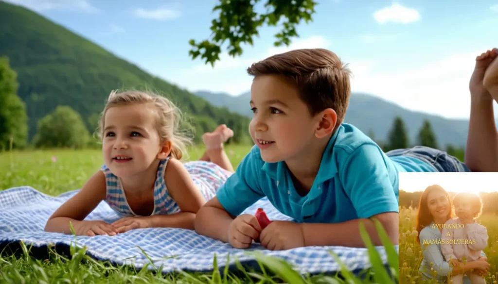 ocio familiares gratuitos o baratos: La imagen debe mostrar un cálido picnic familiar de la tarde de verano en un exuberante prado verde