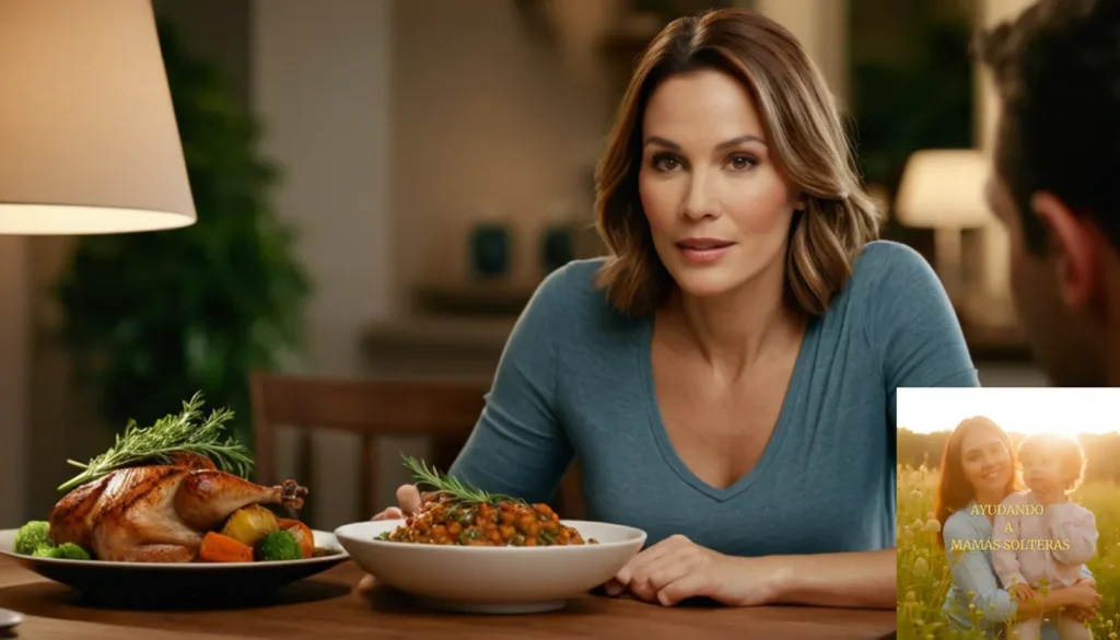 Plan Comida Barata Familias Monoparentales: "La imagen debe mostrar una sala de estar cálida y acogedora con una madre soltera de unos 30 años de pie junto a una gran mesa de madera con una comida deliciosa y bien presentada de recetas asequibles y fáciles de hacer como sopa de lentejas