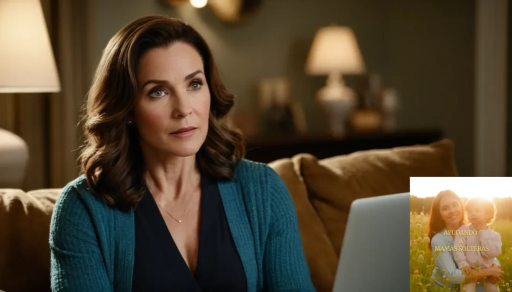 Plan de ahorros para madres solteras comprando casa: La imagen debe mostrar una sala de estar cálida y acogedora con una madre solista de unos 30 años sentada en un sofá descolorido pero elegante