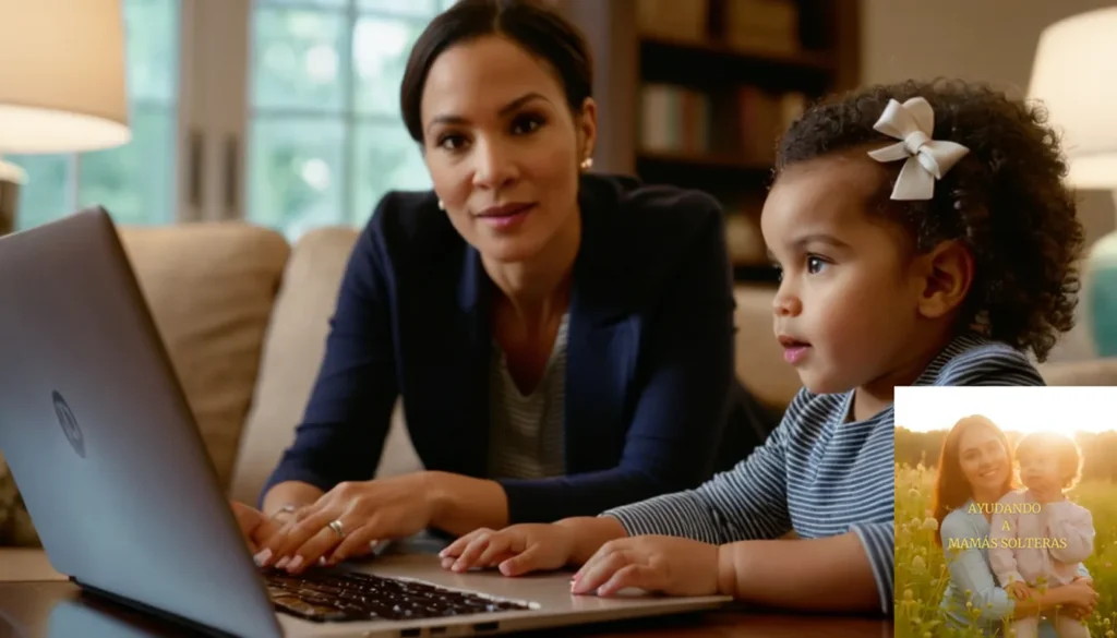 Precios Servicios Esenciales Monoparental: La imagen debe mostrar una sala de estar tranquila y organizada con una madre trabajadora enfocada de unos 30 años sentada en un pequeño escritorio