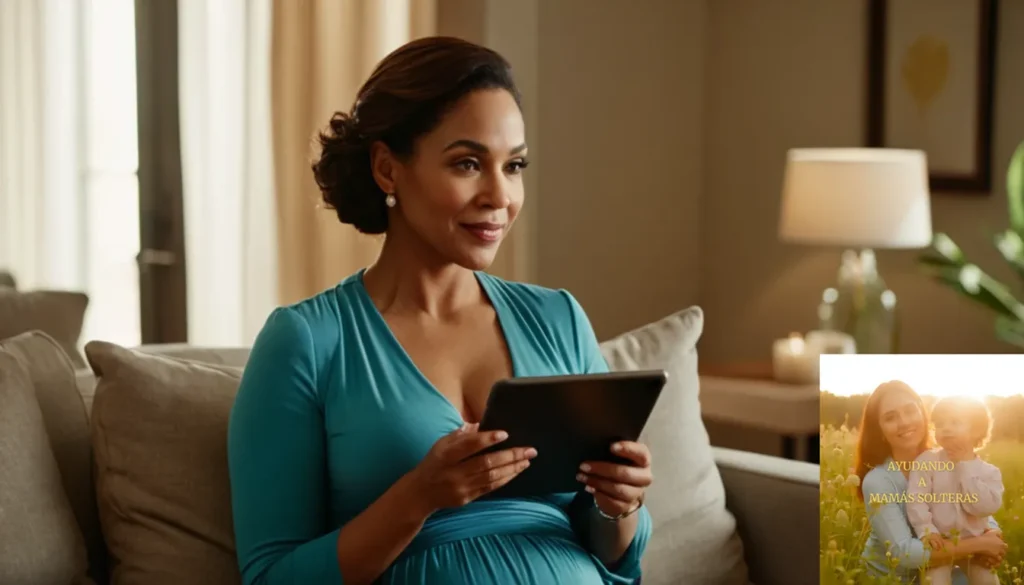Presupuestos fáciles madres monoparentales: "La imagen debe mostrar una sala de estar cálida y acogedora con una orgullosa madre soltera de ascendencia latinoamericana a mediados de los 30 años sentados en un cómodo sofá