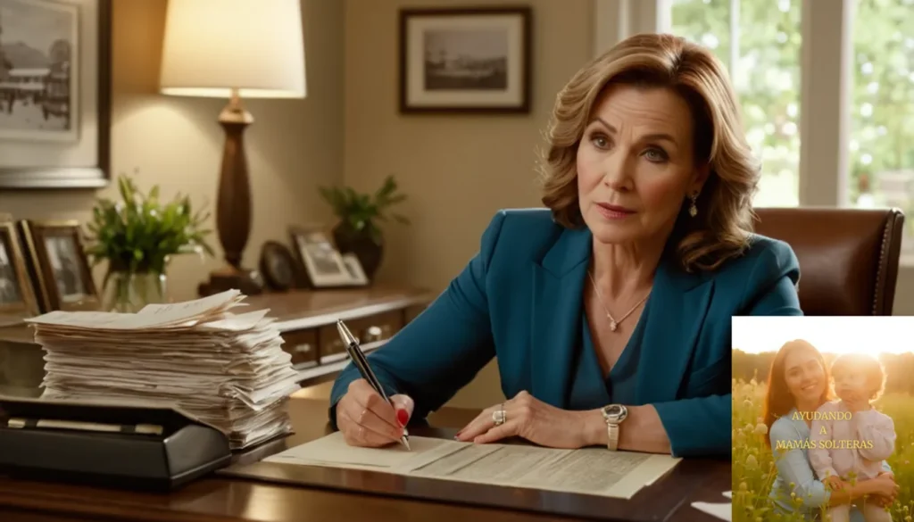 Presupuestos para Madres Solteras: "La imagen debe mostrar a una mujer de mediana edad sentada frente a un escritorio simple pero organizado