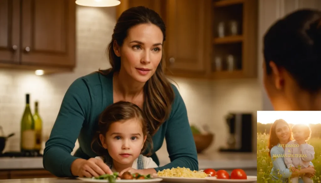Priorizar gastos en familia monoparental: "La imagen debe mostrar una representación cálida e íntima de una madre soltera ayudando suavemente a su pequeña hija a cocinar la cena