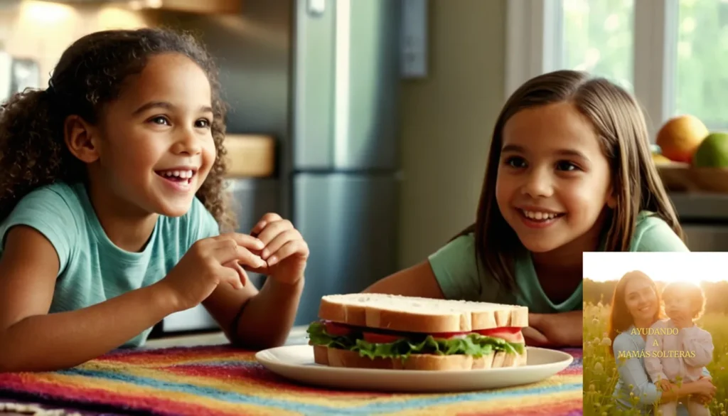 Recetas Meriendas Económicas Niños Escolares: "La imagen debe mostrar un grupo de tres niños diversos entre 8 y 12 años sentados en una alfombra colorida en una cocina iluminada por el sol