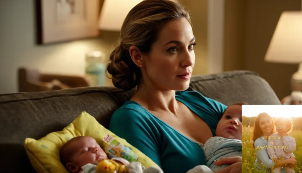 Recetas presupuestos cuidado single madres nuevos bebés: "La imagen debe mostrar a una madre soltera de unos 30 años sentada en un sofá desgastado en una modesta sala de estar