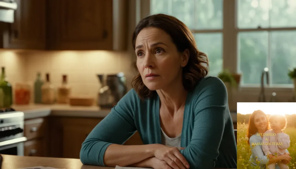 Recursos financieros para familias en crisis: La imagen debe mostrarse: un primer plano de una madre de aspecto preocupado de unos 30 años sentado en una mesa de cocina desordenada