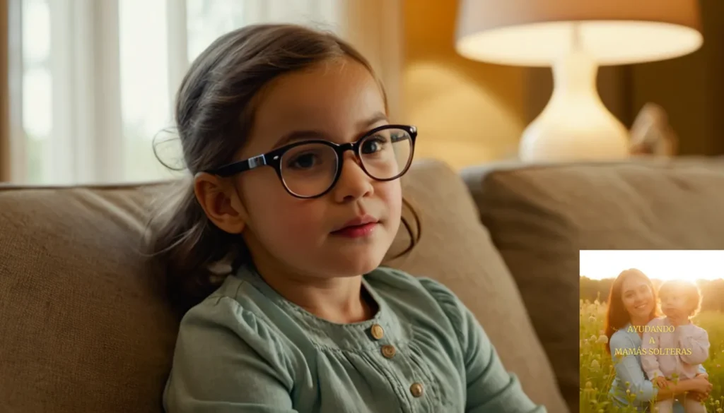 Recursos para Madres Solteras en Necesidad Financiera: "La imagen debería mostrarse: una foto cálida y vibrante de una madre soltera con gafas de unos 30 años