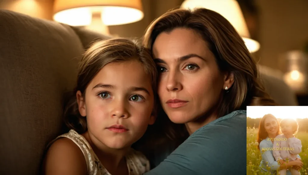 Seguro contra emergencias para madres solteras: La imagen debe mostrar una madre soltera de carácter fuerte y determinada de unos 30 años sentados en un sofá desgastado