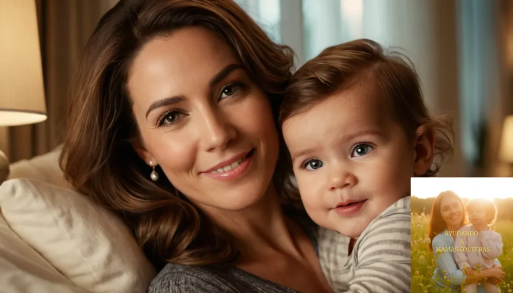 Subvenciones para madres solteras en el año de 2025: La imagen debe mostrar una fotografía cálida y acogedora de una joven madre contenta de sus veinte años