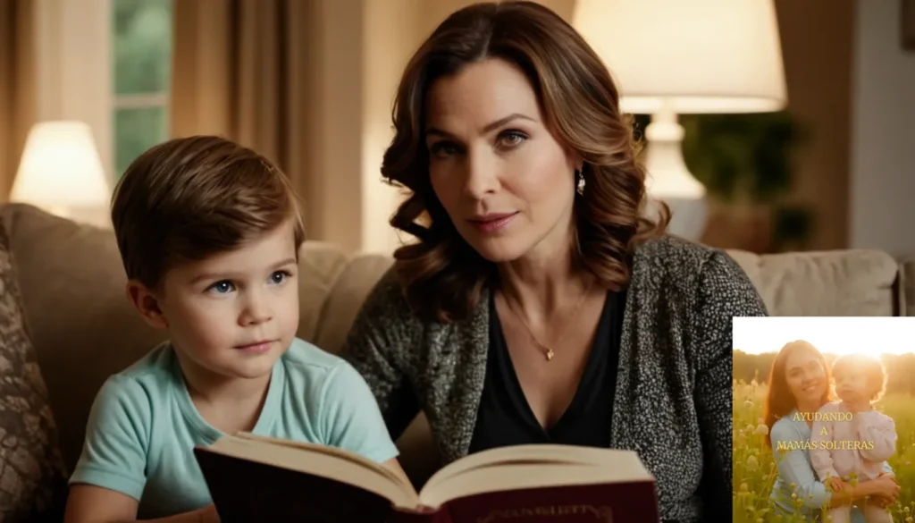 Trabajo bien renumerado para madres solteras: La imagen debe mostrar una sala de estar cálida y acogedora con una madre soltera de unos 30 años sentada en un cómodo sofá