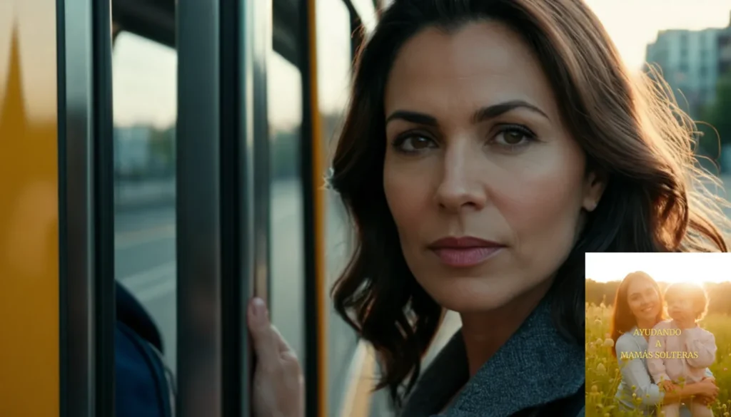 Transporte Barato Solo Madres Solteras: La imagen debe mostrar un retrato conmovedor de una madre soltera de unos 30 años parada con confianza cerca de un elegante autobús de transporte público