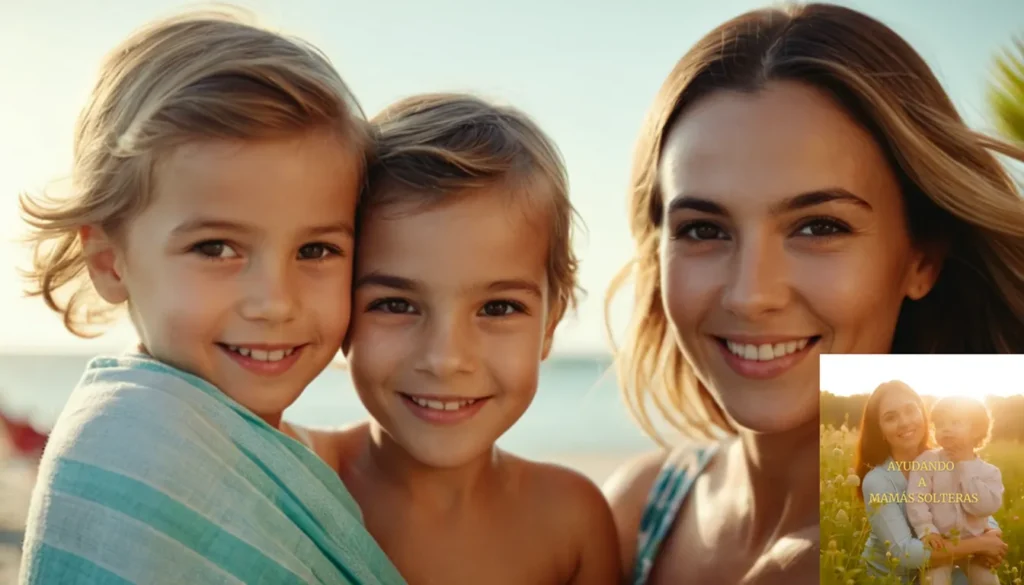 Vacaciones Baratas para Familias Monoparentales: La imagen debe mostrarse: una madre cálida y amorosa tomando la mano con sus dos hijos sonrientes en una playa soleada