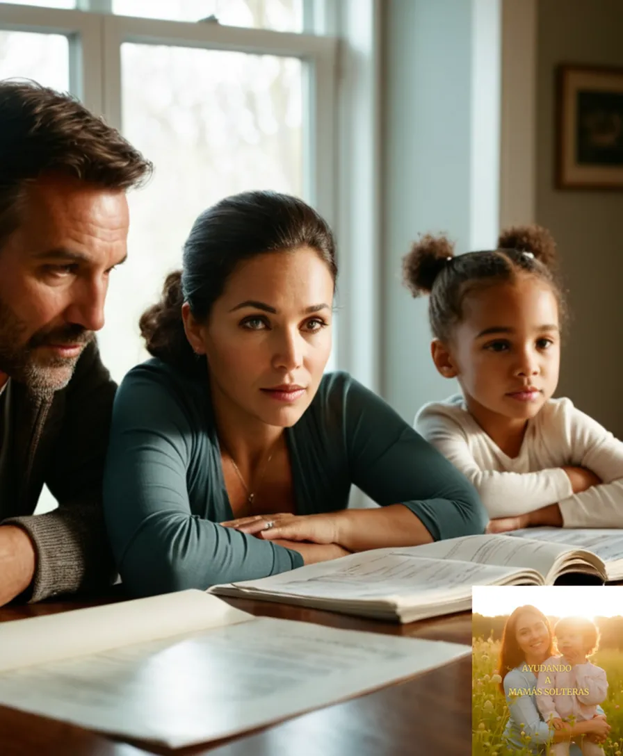 The image should show: A warm and inviting family of three - a mother, fatherless child, and the single parent with a concerned yet determined expression, sitting together at a cluttered kitchen table, surrounded by notes, bills, and financial documents, with natural light pouring in through the window, highlighting their everyday challenges.
