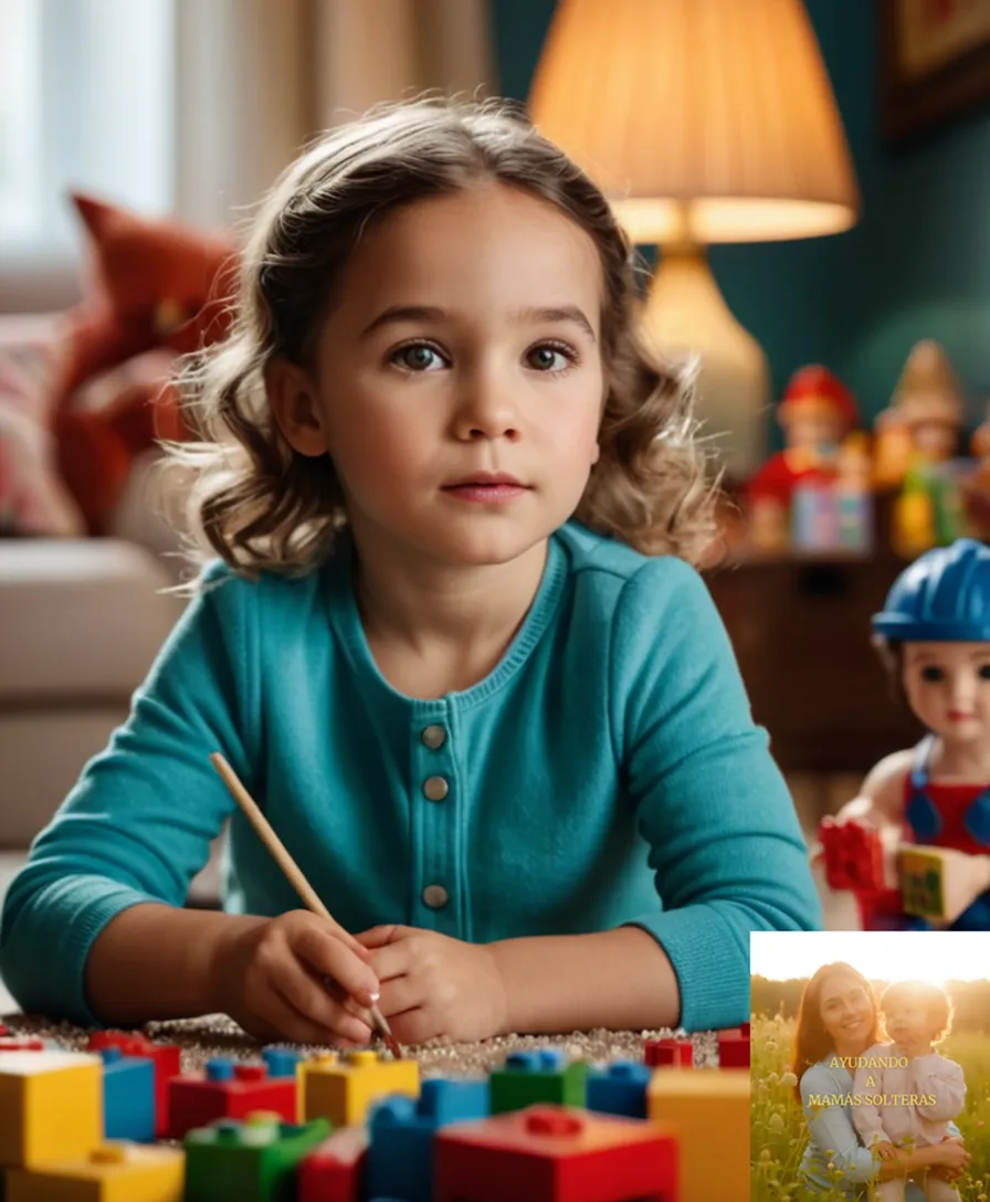 The image should show a single mother in her late 30s sitting in front of a cluttered living room, surrounded by scattered toys and artwork created by her two young children, who are engaged in various activities such as painting and building with blocks behind her.