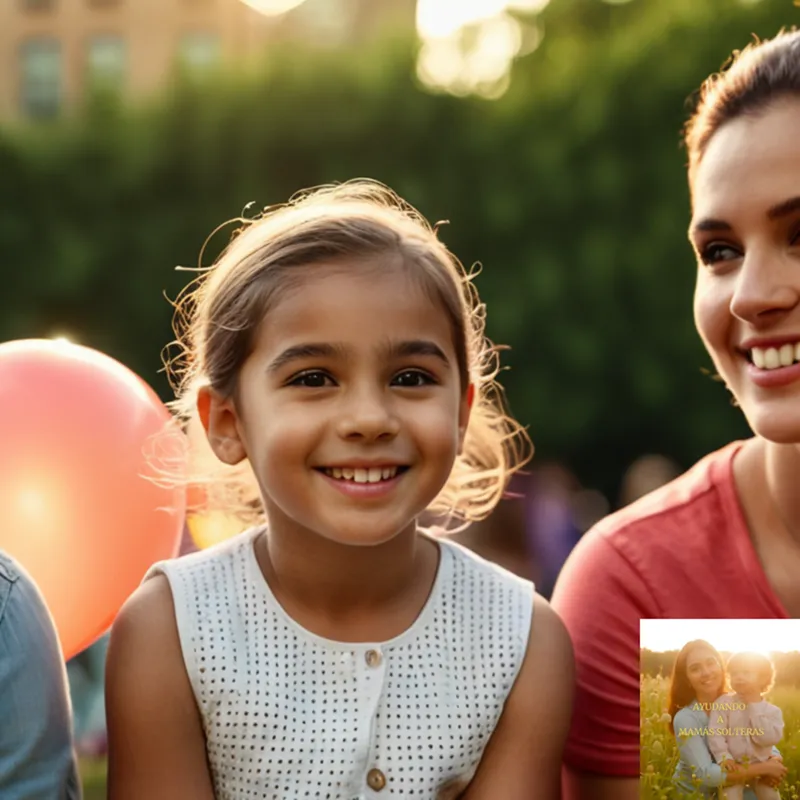 The image should show: A warm and playful picture of a diverse family smiling together as they participate in a free outdoor concert, featuring a young girl holding a balloon and her parents seated on a blanket, surrounded by lush greenery and cityscape buildings with vibrant street art, under soft evening sunlight.
