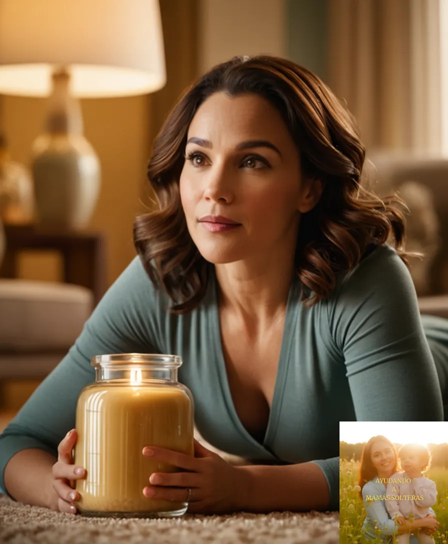 The image should show: a warm-lit living room scene featuring a single mother in her mid-30s, surrounded by neatly placed savings jars on a brightly colored rug, while she gently cradles an adorable toddler, both looking relaxed and content in a cozy, natural-beige decorated space.