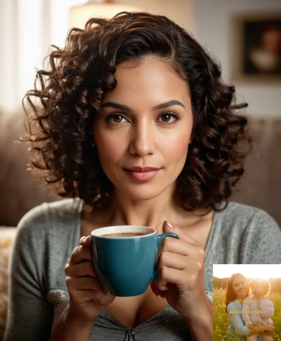 The image should show a serene Latina mother in her mid-30s, sitting comfortably on a couch, surrounded by photos of her children, with a calm expression, while gently touching her curly dark hair, as she sips a warm cup of coffee, in a cozy and well-lit living room.