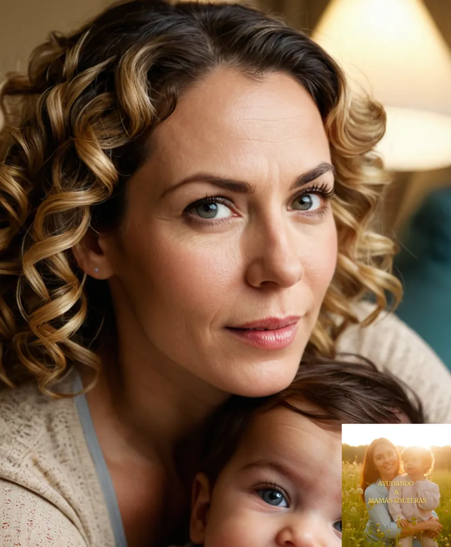 The image should show: A warm and compassionate mother in her mid-30s, with worn skin and loose hair, gently caressing her child's messy curls as they sit on a cluttered couch in a modest living room, surrounded by laundry and remnants of daily life.