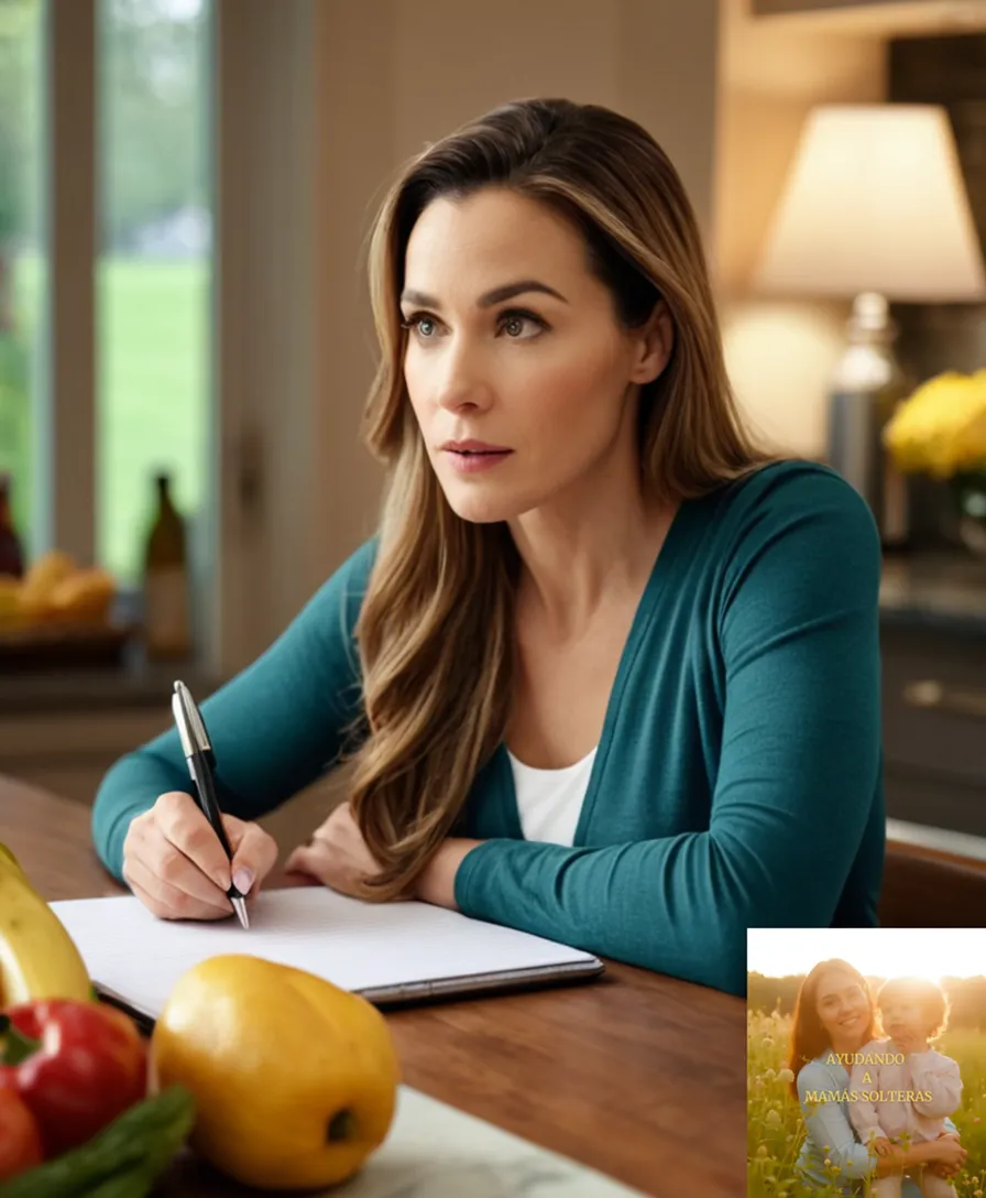 The image should show a warm and inviting photo of a single mother in her mid-30s, surrounded by vibrant groceries at a suburban kitchen table, with a focused gaze on a calculating look on her face as she holds a pen and notepad while checking household expenses amidst family photographs decorating the wall.