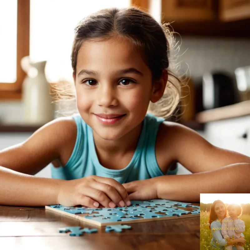 The image should show a warm and caring mother in her mid-30s, sitting at a cluttered kitchen table surrounded by laundry baskets, recipe books, and family photos, while a smiling young child sits beside her, playing with a puzzle on a worn wooden tabletop amidst a sunny yet modest home.