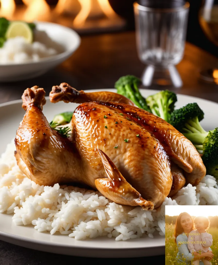 The image should show: A steaming hot, golden-brown chicken quarter, nestled on top of a bed of fluffy white rice, accompanied by a side of mixed frozen vegetables, all arranged on a worn but clean ceramic plate, evoking a sense of humble yet satisfying home-cooked meal.