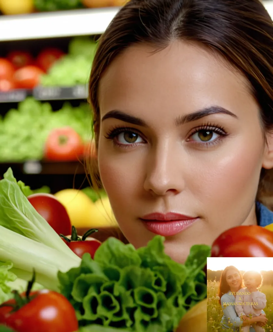 The image should show: A neatly arranged produce stand in a bustling local supermarket, with an attractive young woman in her mid-twenties examining fresh lettuce and tomatoes at eye-level, surrounded by colorful fruits and vegetables on a wood-grain table behind her.