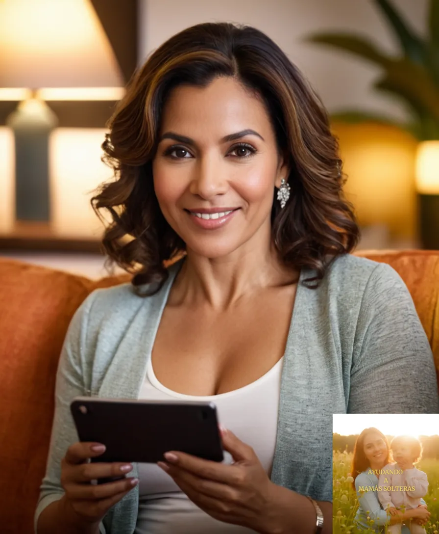 The image should show a middle-aged Latin American woman with a look of calm contentment, sitting on a brightly colored couch in a small, tidy living room, while holding a laptop and smiling at her smartphone showing a calendar full of fun activities for singles.