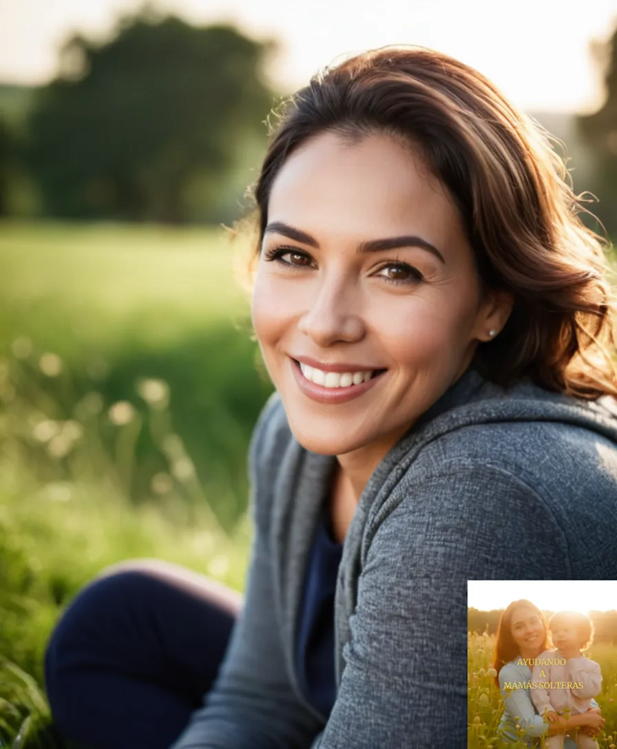 The image should show: A warm and welcoming photo of a smiling single mother in her mid-30s, sitting on a hillside in a lush park, holding a frugal guidebook and surrounded by a simple yet nourishing picnicking spread, with a cityscape in the background, conveying balance between simplicity and relaxation.