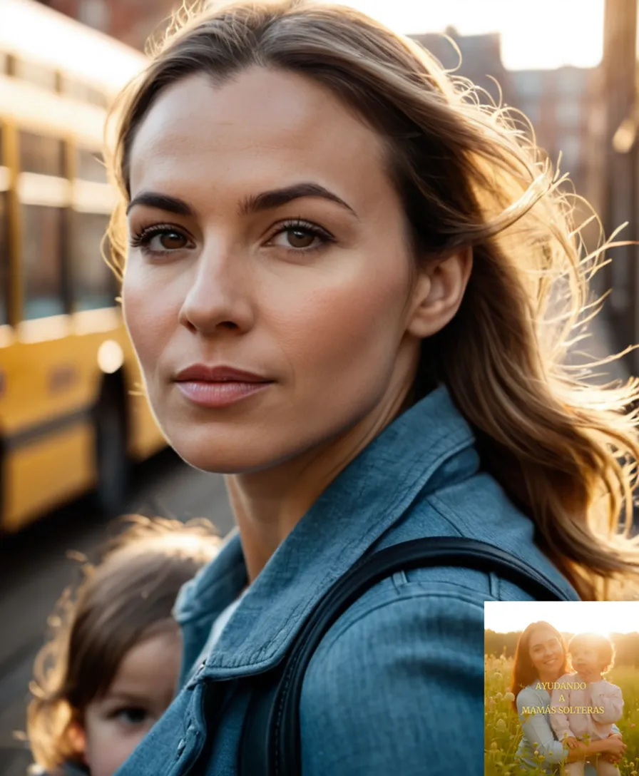 The image should show a solo mother in her mid-30s with a gentle yet determined expression, walking confidently towards a public bus while holding a young child's hand, set against a warm and sunlit urban background with graffiti-covered walls and city noise, highlighting the complexities of being a single mother on-the-go with visible bags slung over her shoulder.