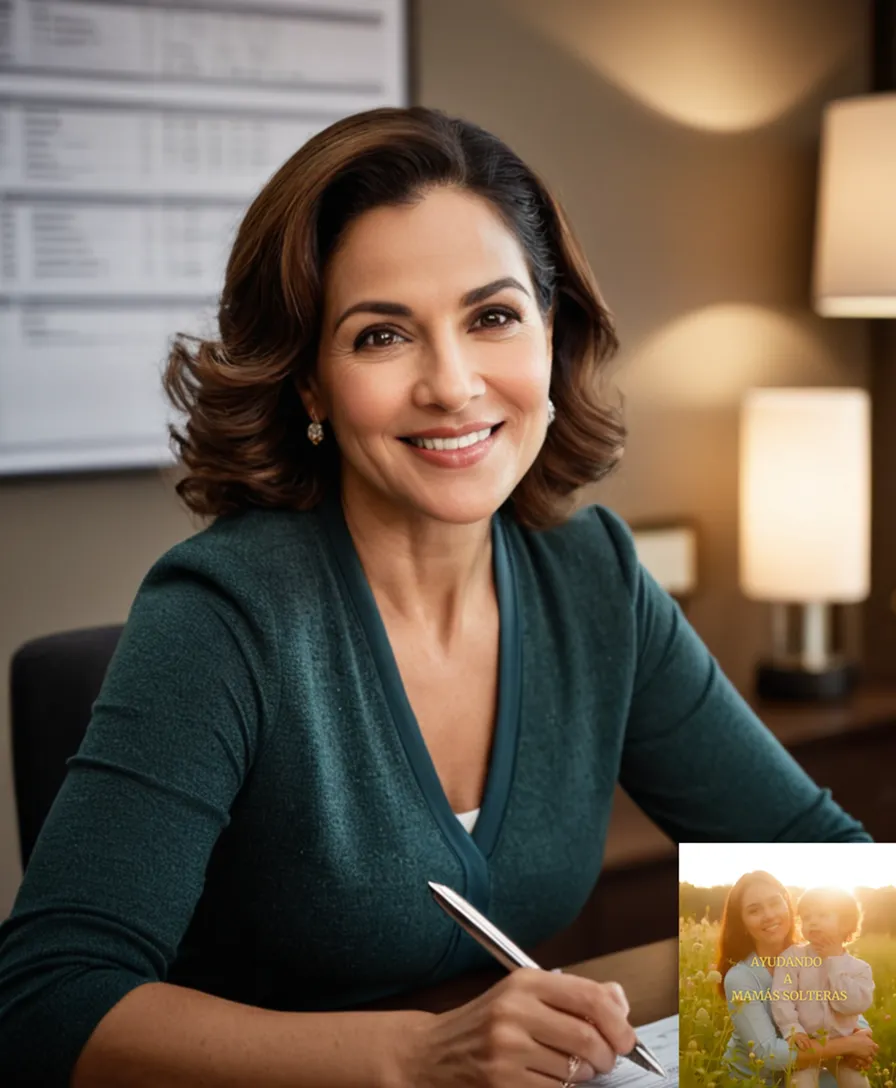 The image should show: A middle-aged mamá soltera sitting confidently in front of a humble but organized home office, surrounded by notes, account books, and laptop, wearing a warm smile as she gazes at a budget spreadsheet on her screen.